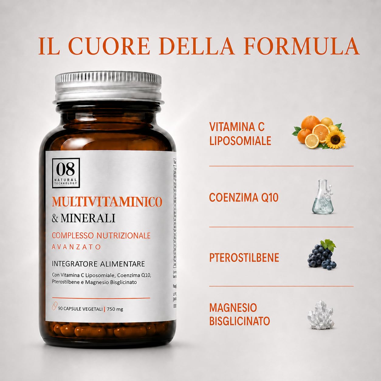 Multivitaminico & Minerali - 90 Capsule - Integratore Alimentare con Vitamina C Liposomiale, Coenzima Q10, Pterostilbene e Magnesio Bisglicinato - Adatto ai Vegani, Senza Glutine