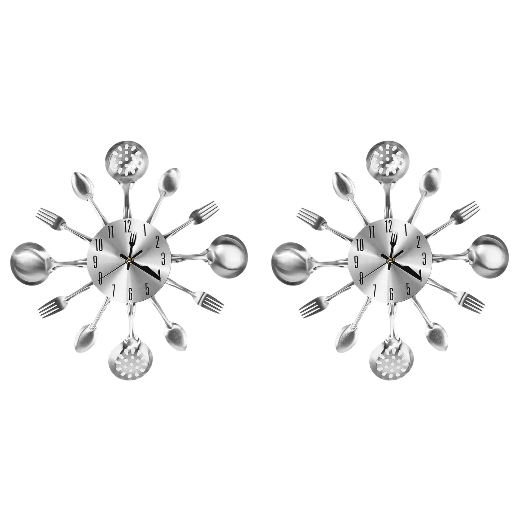 Aundhegrtt 2X Metal Kitchen Cutlery Wall Clock 14 Inch with Fork Spoon 3D Non Ticking Quartz Watch Clock Silver