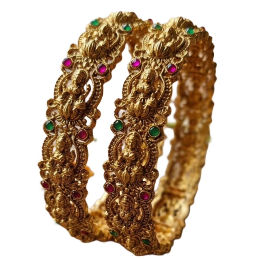 Antique Gold Plated Lakshmi Temple Bangle Set with Ruby & Emerald-picture-23