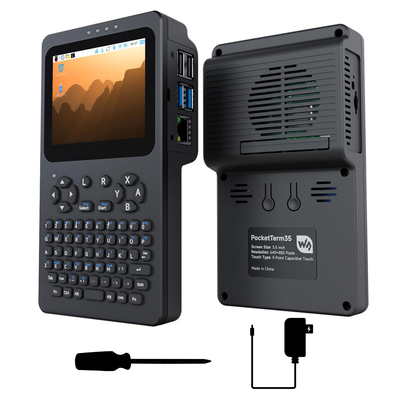 Waveshare Portable Handheld Linux Terminal with 3.5inch Touch Display, 640 × 480, Optical Bonding, Compatible with Pi 4B/5 Portable Development and Debugging Devices, PocketTerm35-Pi4 Host