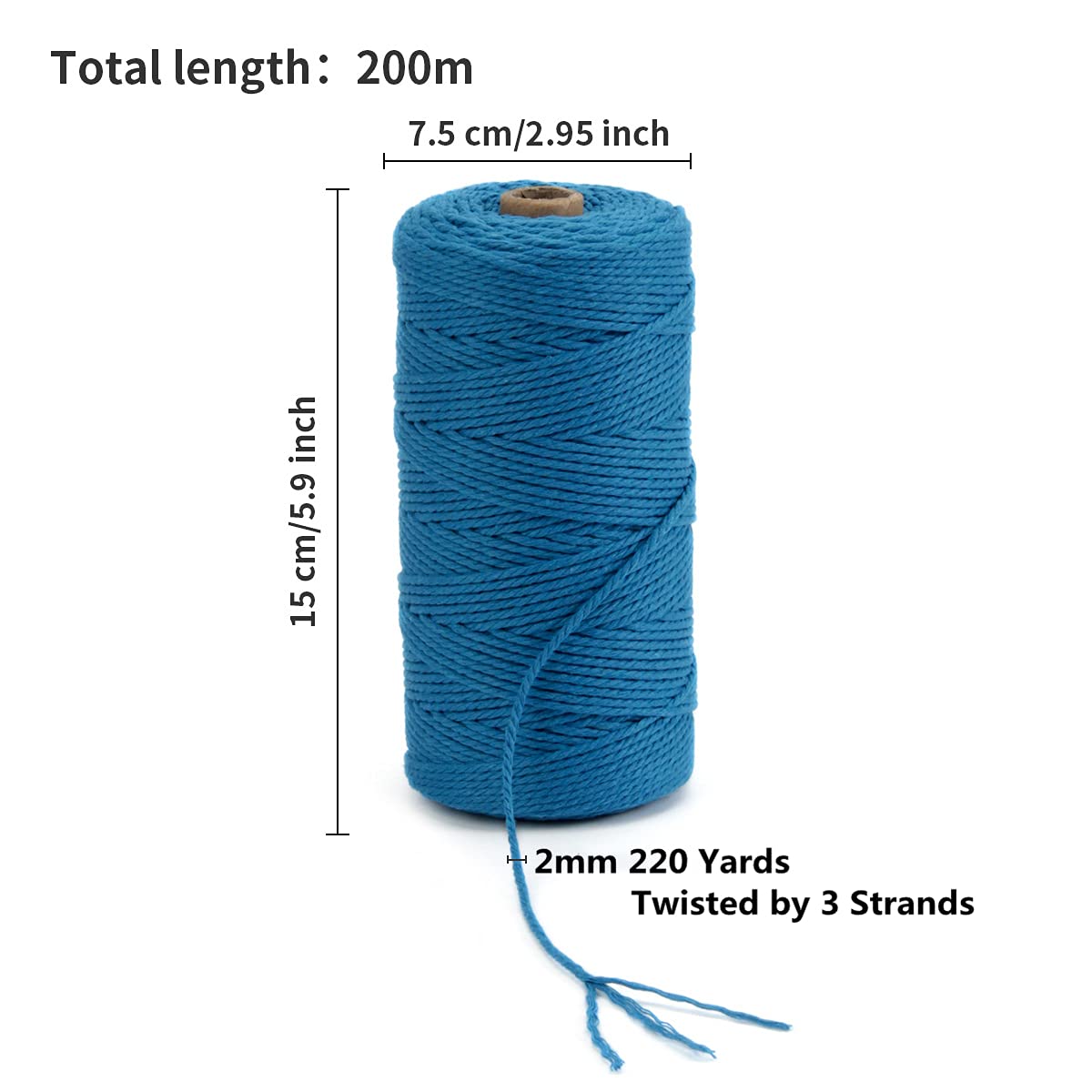POZEAN sznurek do makramy, 2 mm x 220 m (ok. 200 m), kolorowa lina do makramy, 100% naturalna bawełniana lina do powieszenia na ścianie, wieszaki na rośliny, rękodzieło, dziewiarstwo, Boże Narodzenie,