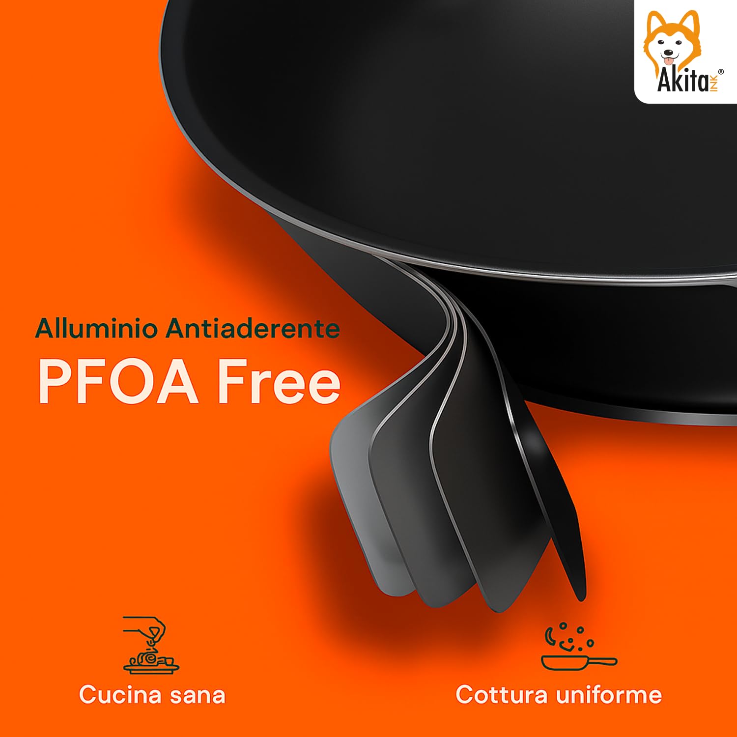 AKITAInk Set 4 Padelle Antiaderenti 16-20-24-28cm | Alluminio Leggero, Rivestimento PFOA Free, Fondo Antiaderente, Manici Soft Touch Made in Italy