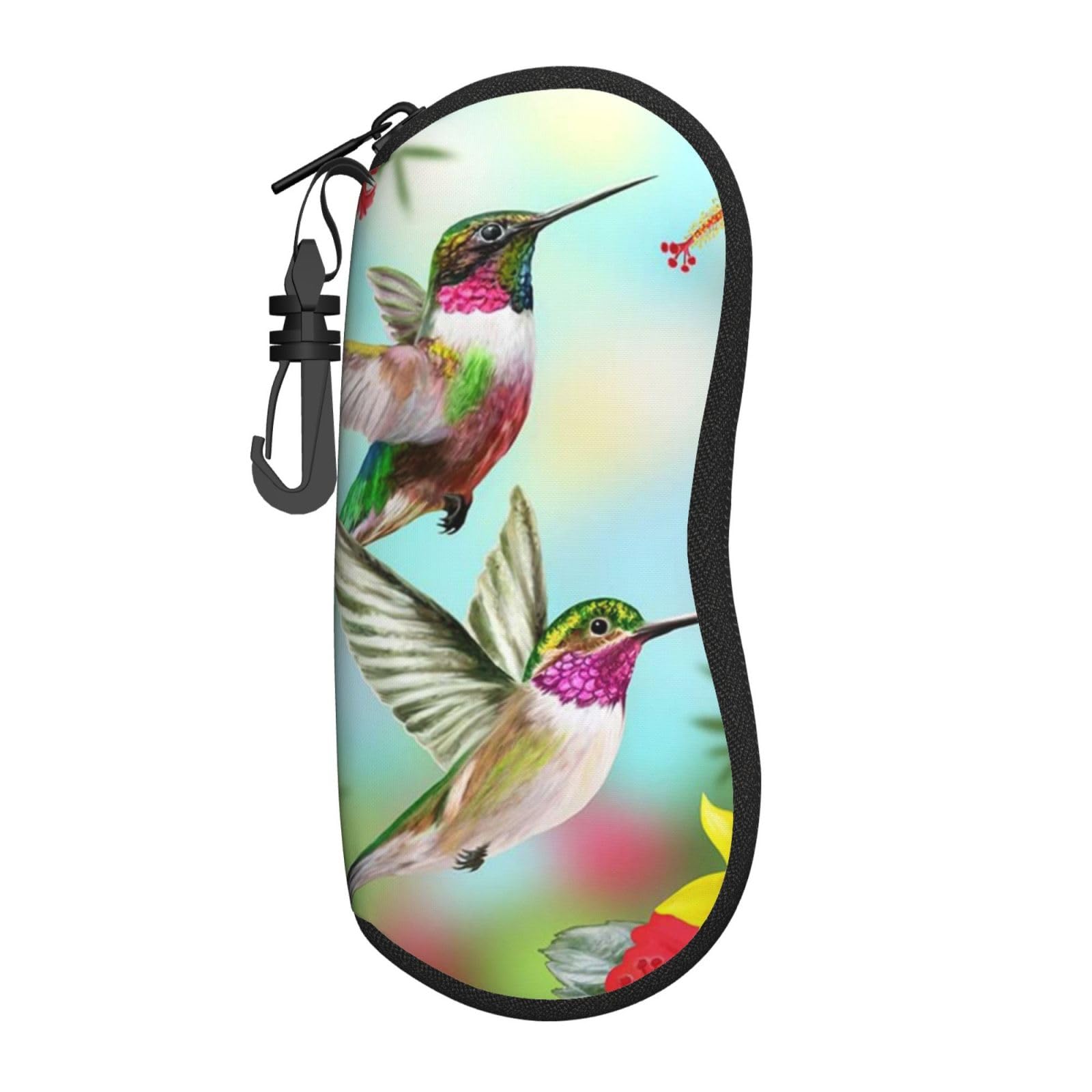 CPEOWZL Portable Neoprene Glasses Case with Zipper Sunglasses Eyeglass Pouch with Belt Clip for Daily Travel - Hummingbirds Red Flower Hibiscus