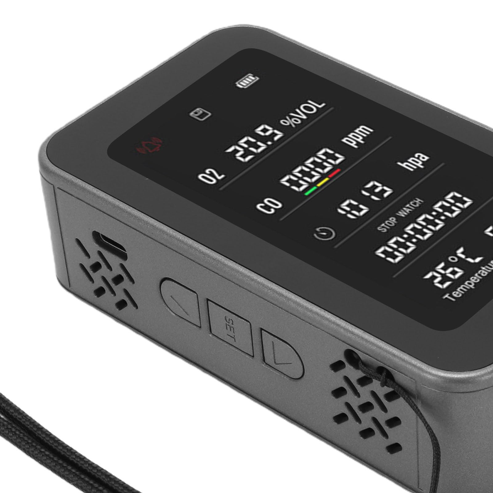 Fafeicy Rilevatore di qualità Dell'aria, Tester Esterno Portatile con Torcia di Emergenza e Allarme di Rilevamento di Ossigeno, Display di Pressione di umidità e Temperatura, Grigio
