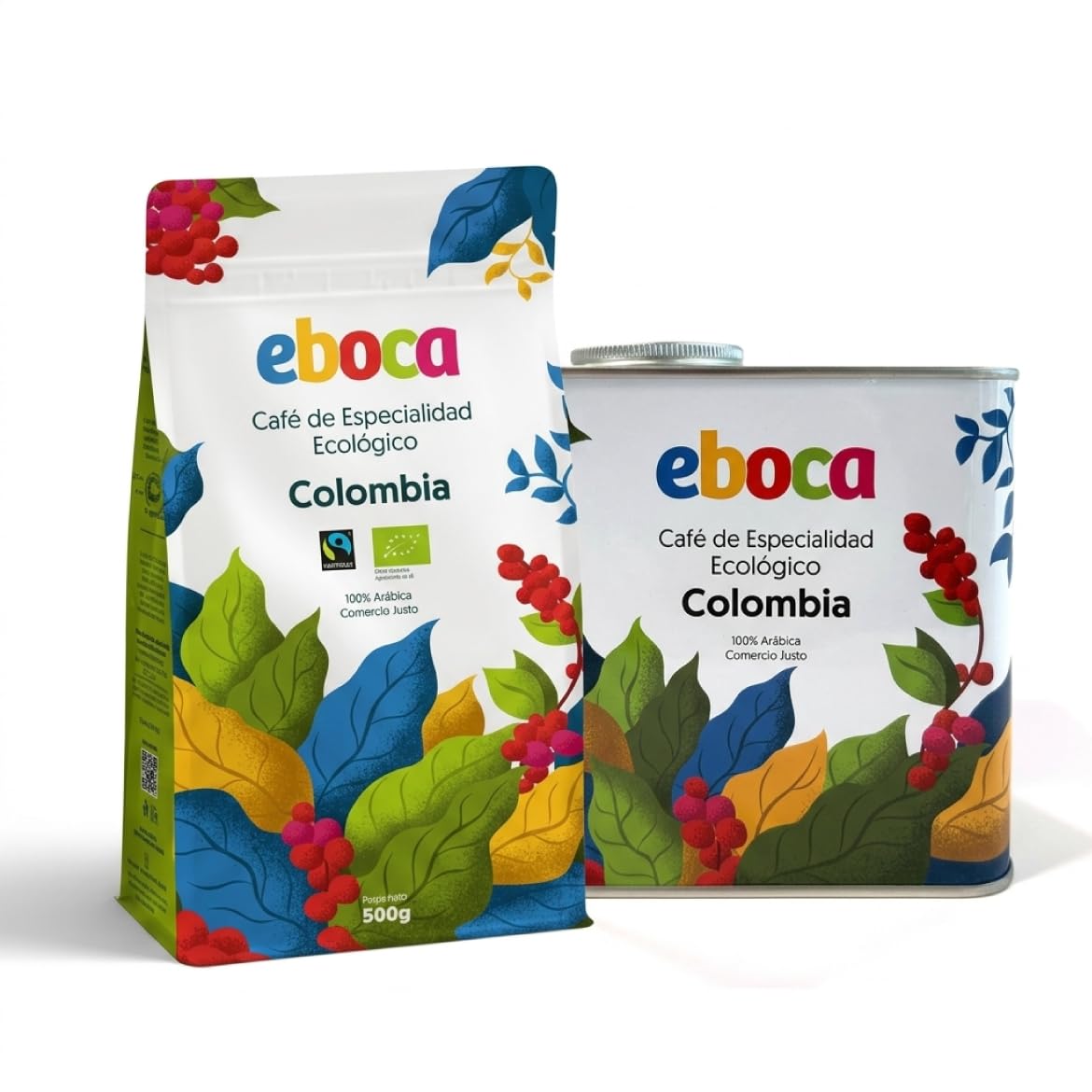 EBOCA Café en Grano Ecológico 1kg (2x500g) – 100% Arábica de Especialidad, Origen Colombia, Comercio Justo (Fairtrade), Tostado Artesanal en Huesca, Tueste Medio para Espresso y Filtro