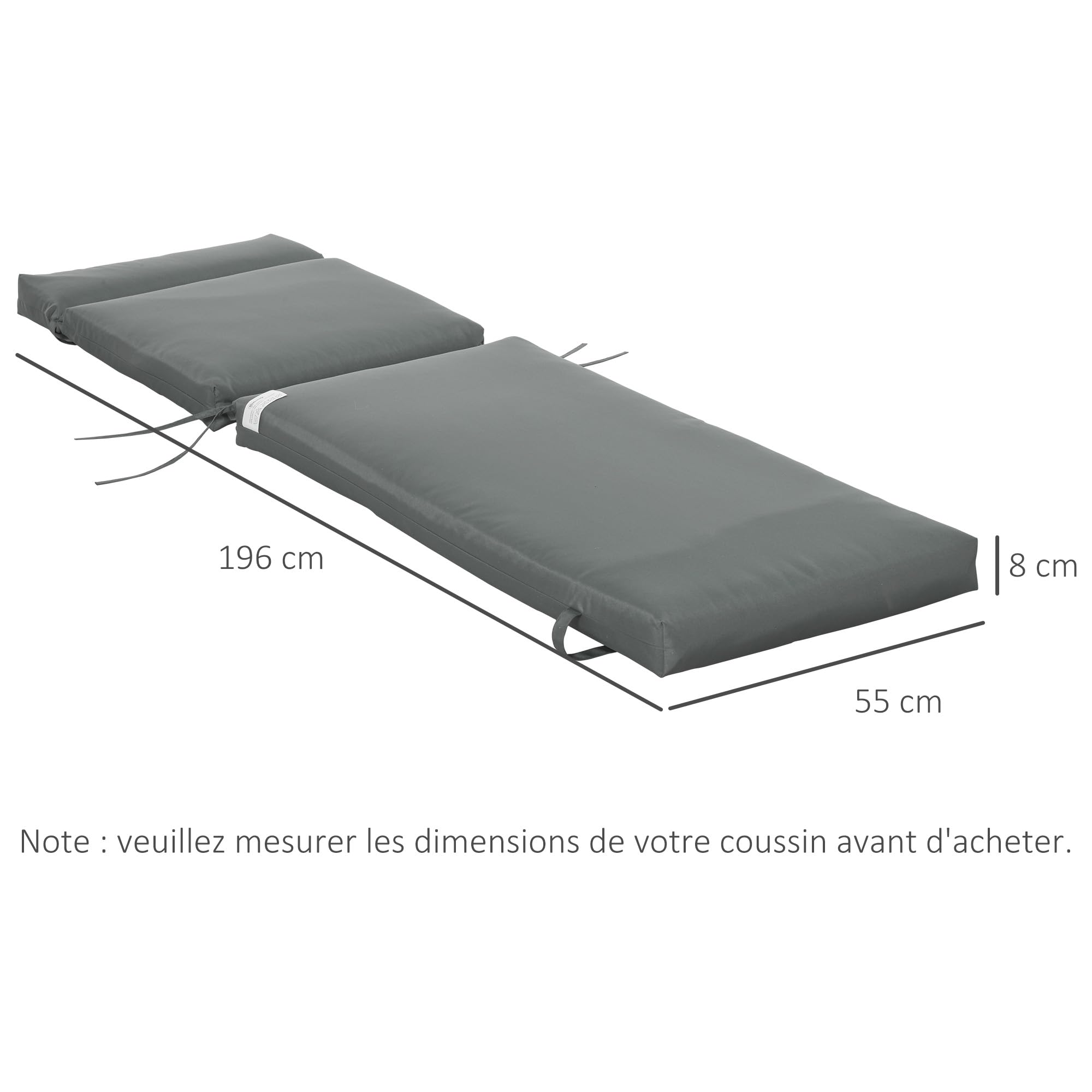 Outsunny Lot de 2 Matelas pour Chaise Longue 196L x 55l cm Gris Foncé | Transat Bain de Soleil, avec Sangles d'Attache, pour Jardin, MATELAS UNIQUEMENT