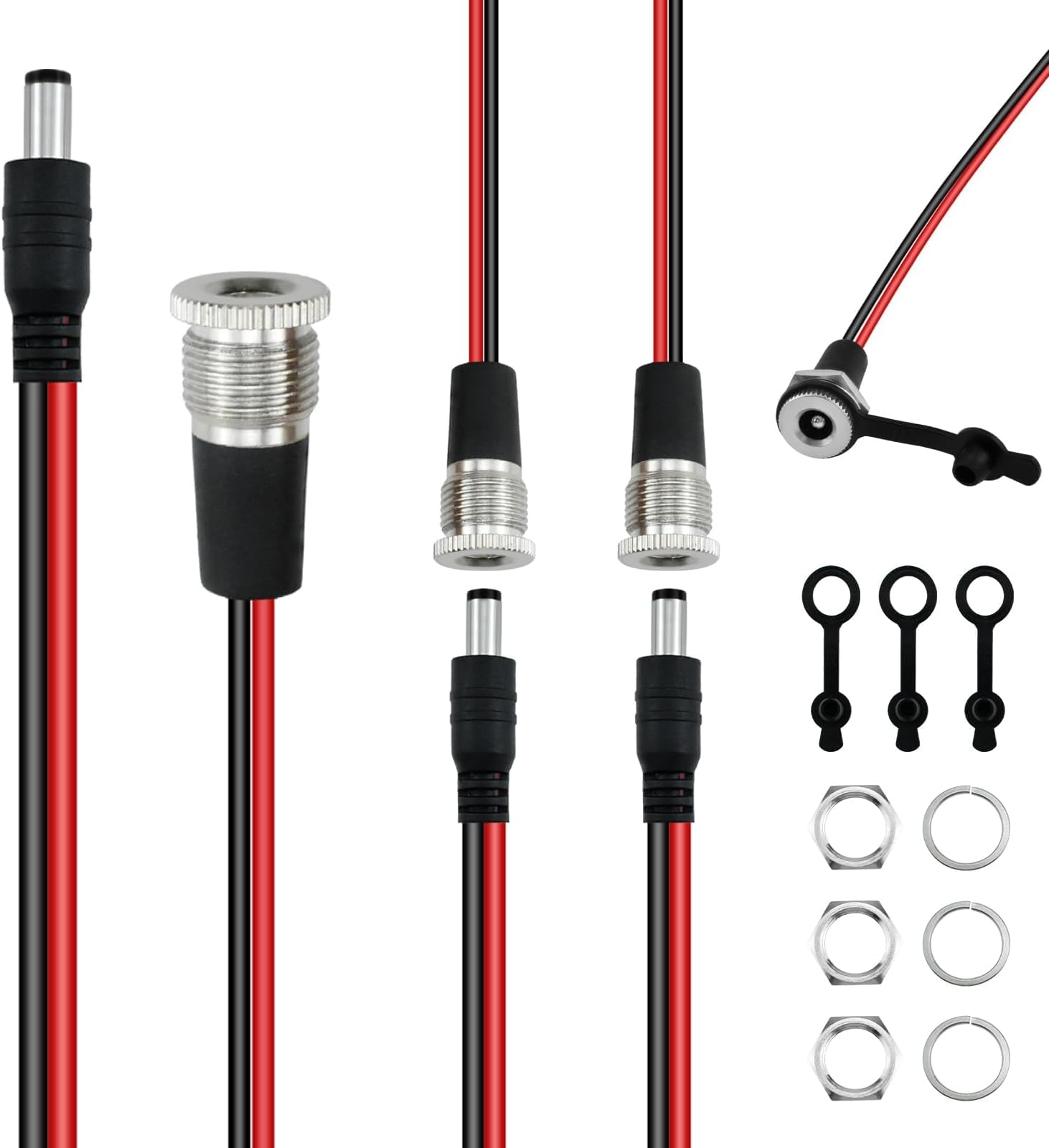 SDTC Tech 3 Sets 5.5 x 2.5 MM 10A DC Power Jack Socket Threaded Female Mount Connector Adapter & 12V Male DC Power Pigtail Cable with Dustproof Plug