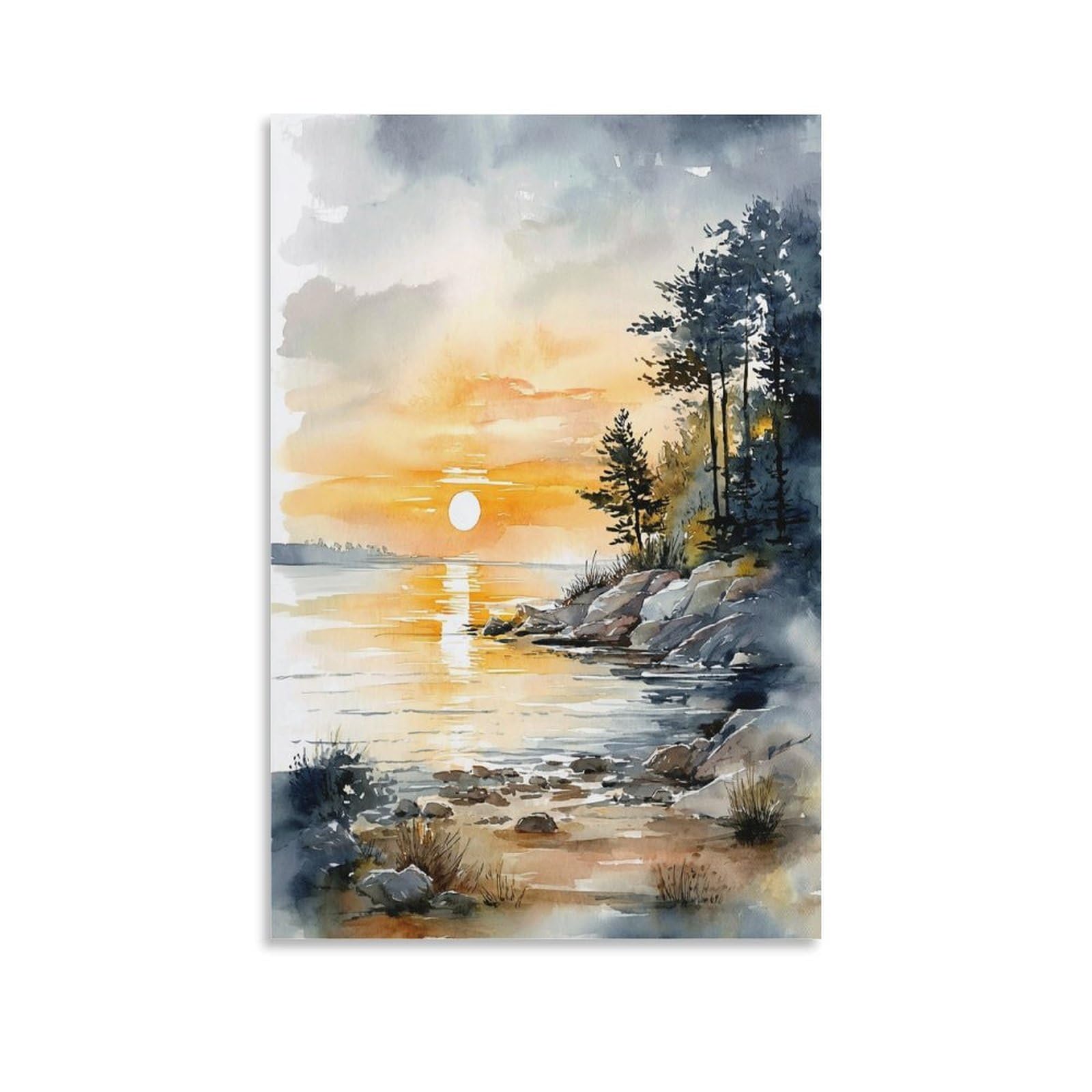 XWYMXZ Lake Erie Sunset Watercolor Painting Posters 24x36inch(60x90cm) Vintage Watercolor Canvas Art