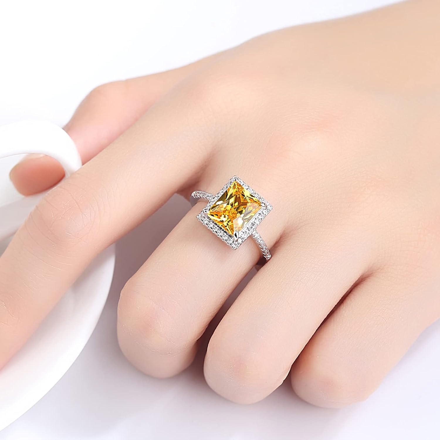 Psiroy Women's Jewelry 925 Sterling Silver Plated Simulated Citrine Halo Engagement Ring - Image 2