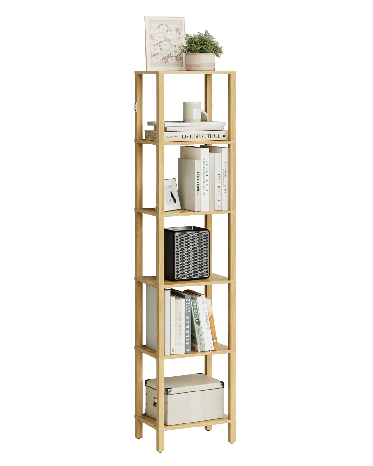 Bücherregal, Regal Schmal mit 6 Ebenen, Küchenregal mit offenen Regalen, 38 cm x 27 cm x 167 cm, Standregal für Wohnzimmer, Büro, Arbeitszimmer, Eiche