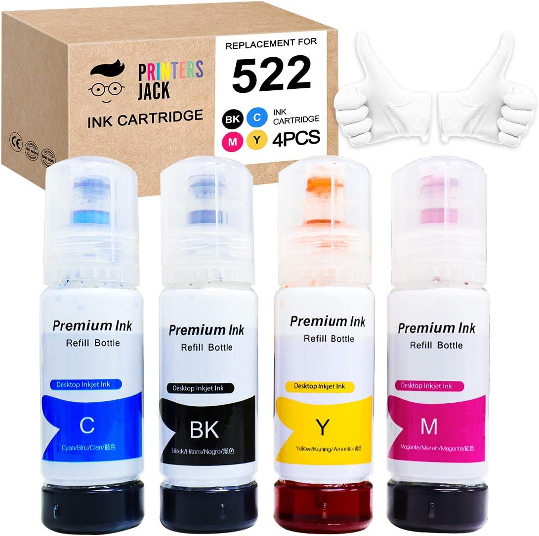 Compatiable with Epson T522 Refill Ink Bottle Kit for Supertank ET-2800 ET-4700 ET-4800 ET-2710 ET-2720, ET-2803 Printer, 4 Packs