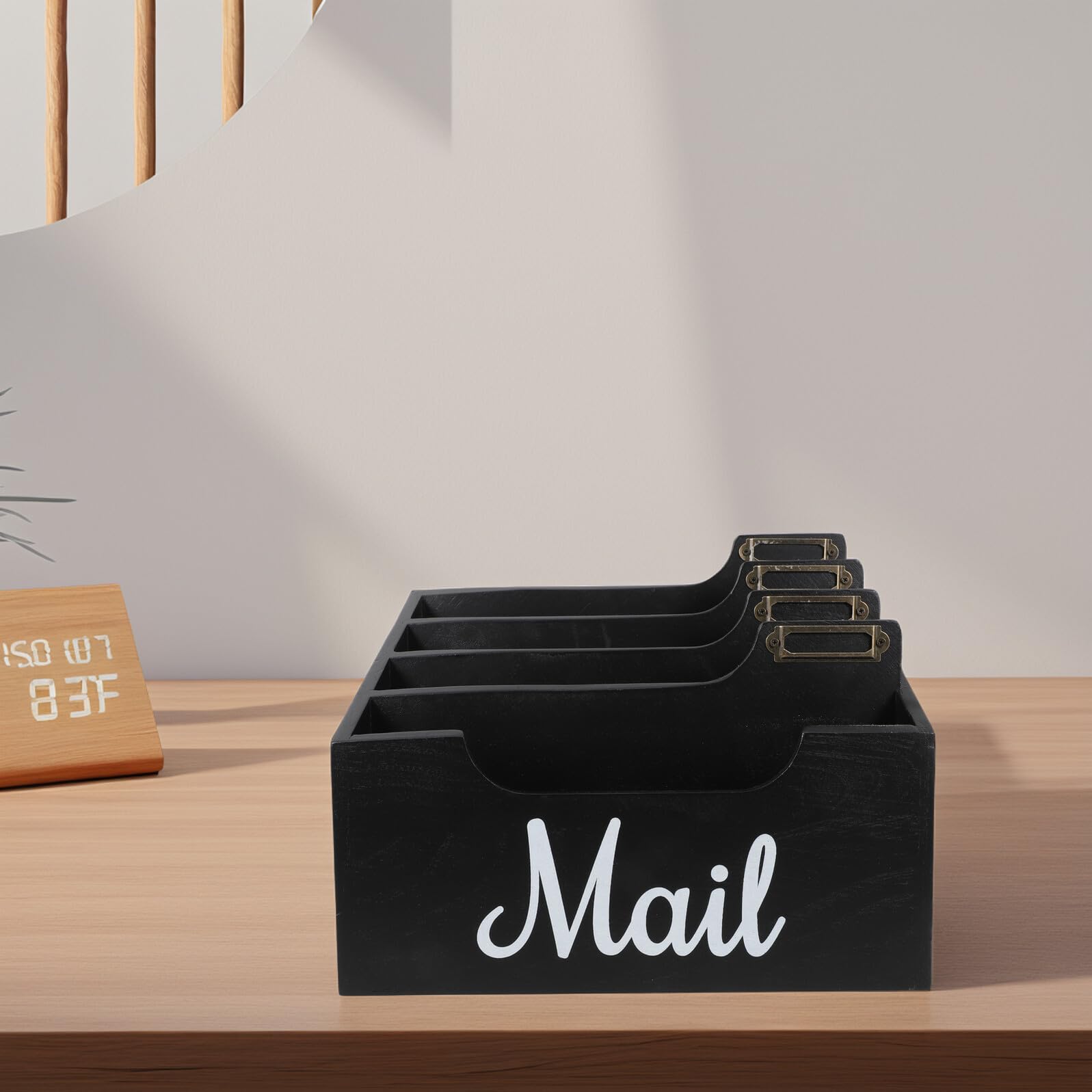 TOPBATHY Holz Schreibtisch Organizer mit Mehreren Fächern Mail Holder für Arbeitsplatte Papierkorb und Stiftehalter Minimalistische Büro Aufbewahrungsbox Schwarz Rustikaler Briefsortierer