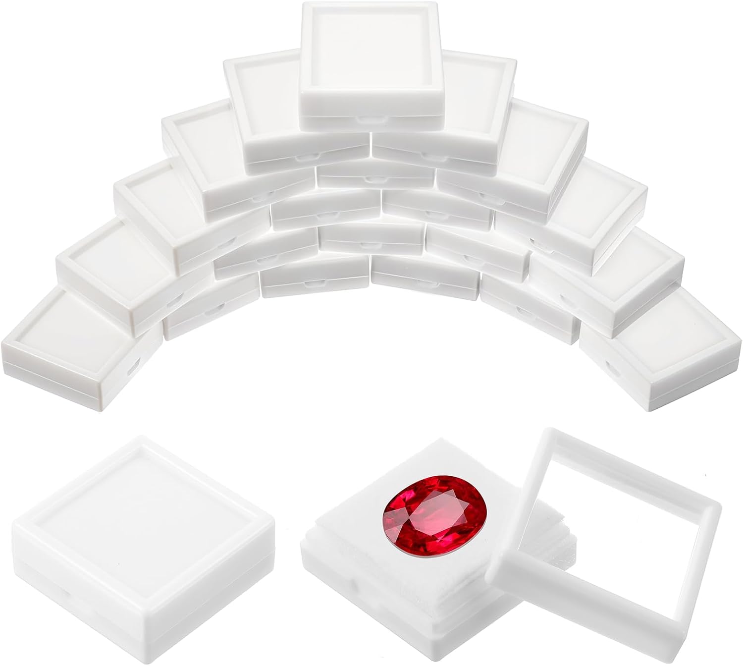 36 Pcs White Gemstone Display Box Jewelry Box Container with Clear Top Lids Bulk 1.6'' x1.6 x 0.6'' for Gems Diamond Coins Gift Packing Ring Home Shop (White)