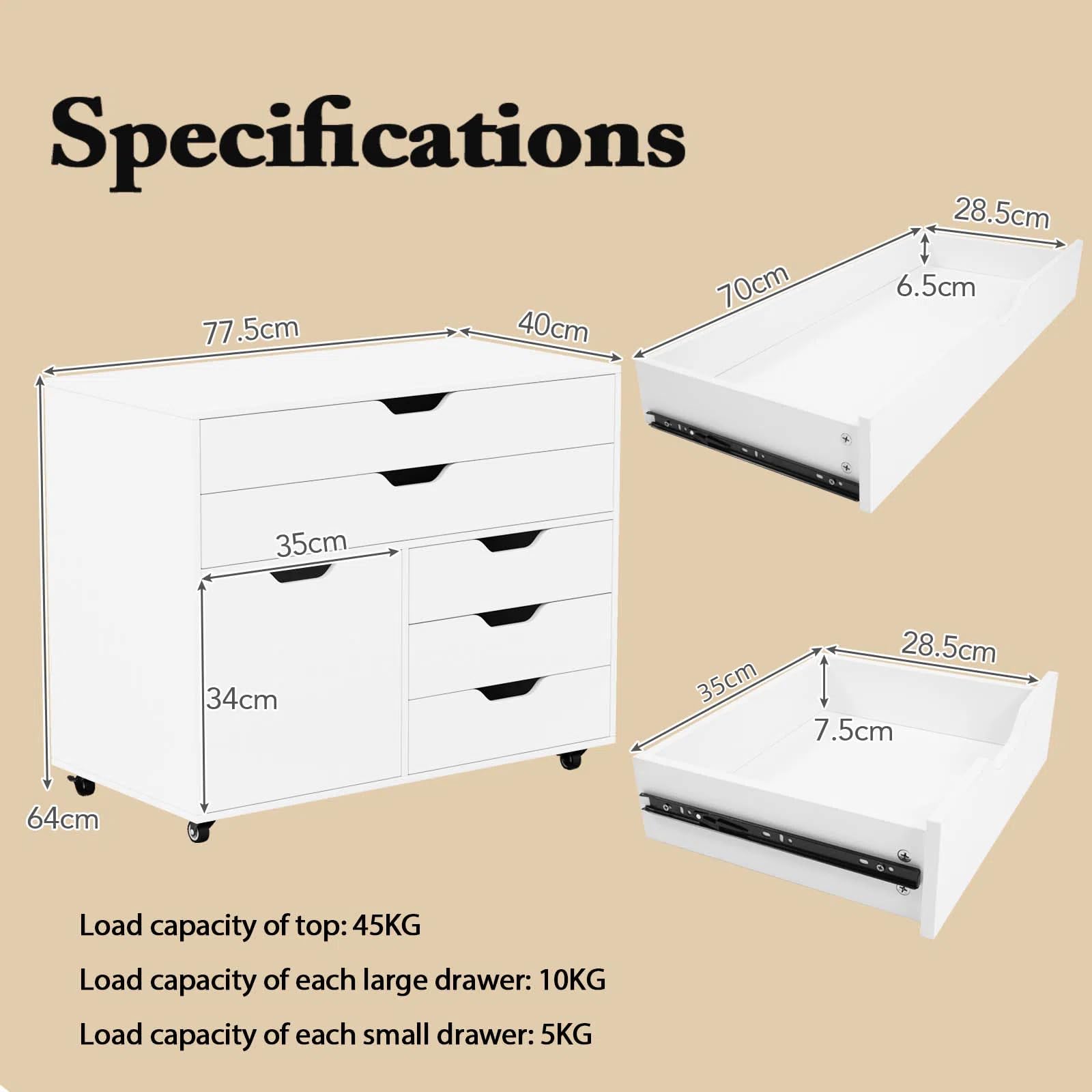 KOMFOTTEU Armadietto portaoggetti, 5 cassetti in 2 dimensioni, scatola portaoggetti mobile con armadio ad ante, mobile da ufficio, 5 ruote universali, 77,5 x 40 x 64 cm, bianco