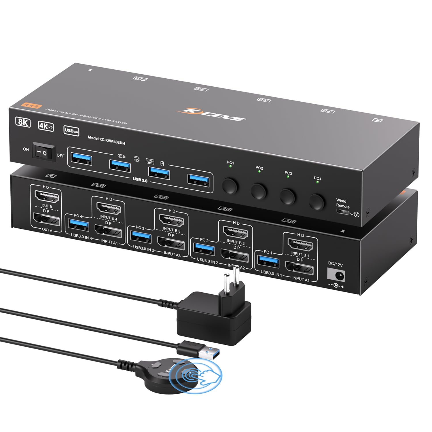 KVM Switch 2 Monitores 4 PC, USB 3.0 Displayport + HDMI KVM Conmutador para dos monitores, Soporta 8K@30, 4K144, 4K60Hz para 4 ordenadores que comparten 2 monitores, teclado y ratón
