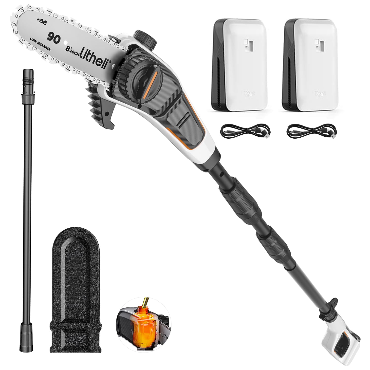Litheli Hochentaster Akku, Astsäge Teleskop Akku zum Schneiden und Beschneiden von Ästen (2 x 2,0Ah, 8 m/s Kettengeschwindigkeit, 20 cm Schwertlänge, 140 ml autom. Kettenschmierung, Zubehör)
