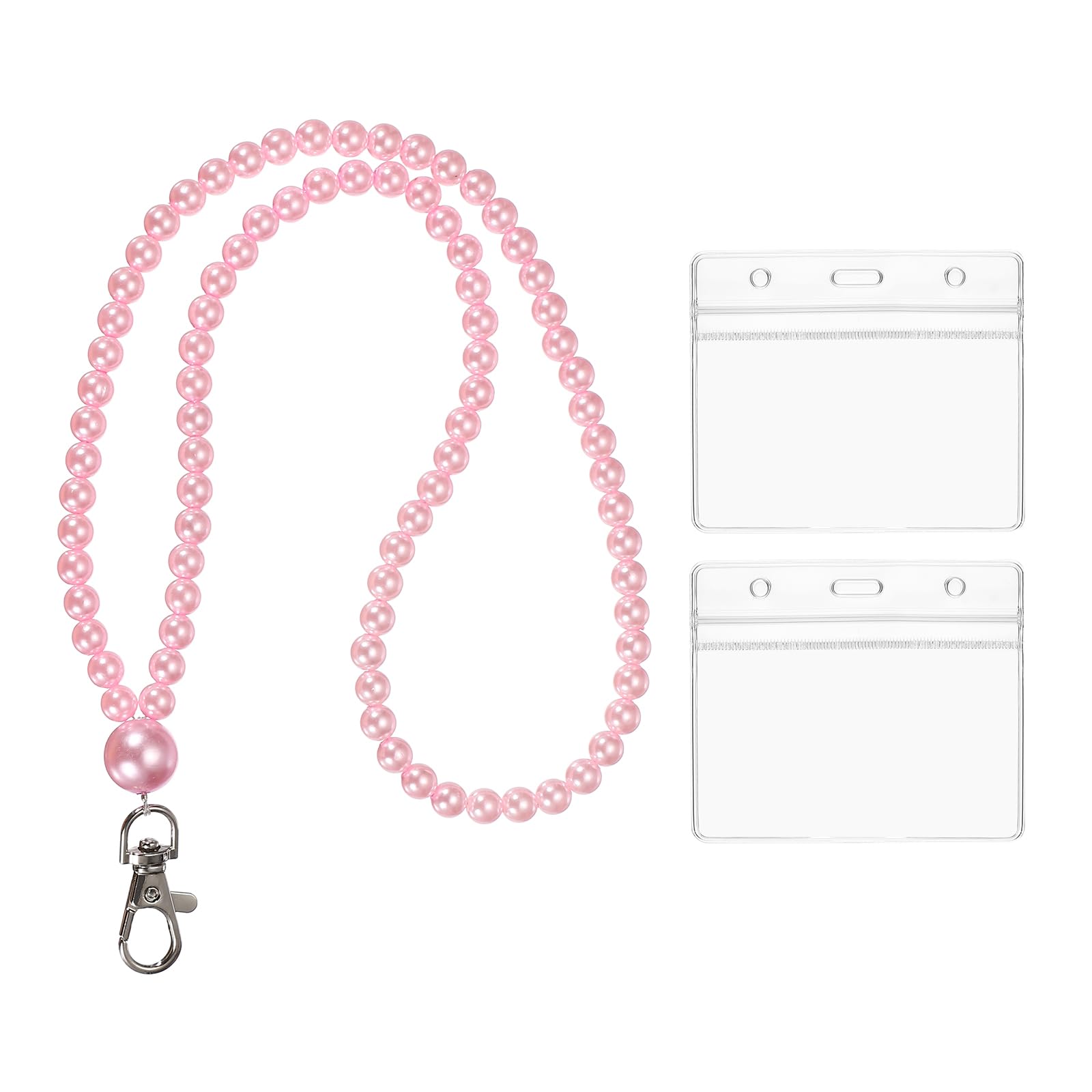 PATIKIL Pearl Lanyards for ID Badges, Cute Pearl Keychain Necklace Lanyard with 2 Horizontal Badge Holders for Women Teacher Gift Keys Chain Cards, Pink