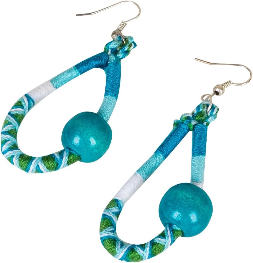 Boho Handmade Colorful Fabric Teardrop Hoop Dangle Earrings Wood Blue Ball B