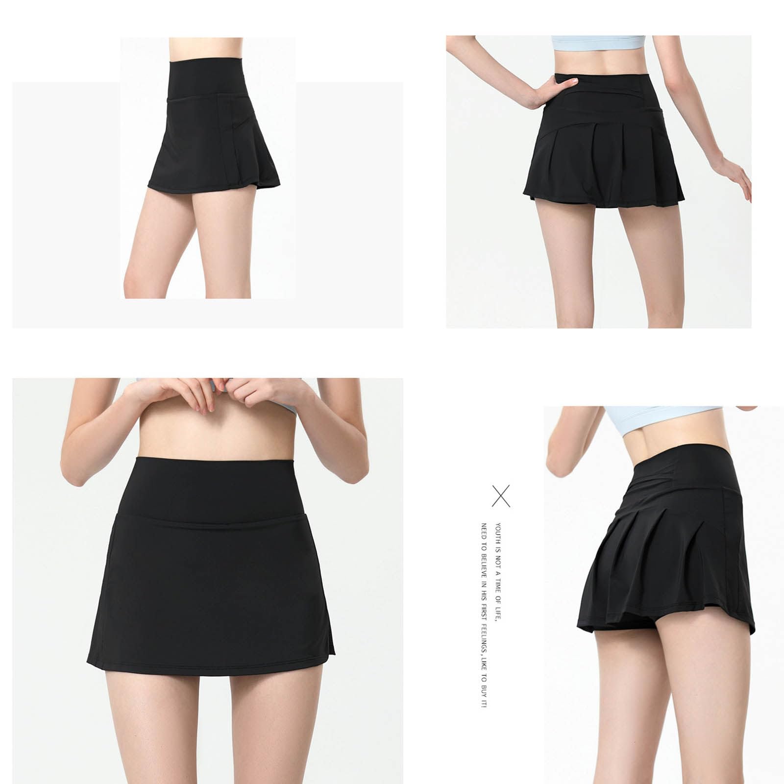 Jupes de Tennis pour Femmes avec Poches, Jupes de Golf trapèze Taille Haute, Shorts intégrés, Jupes-Shorts d'entraînement légères et décontractées,Black-L
