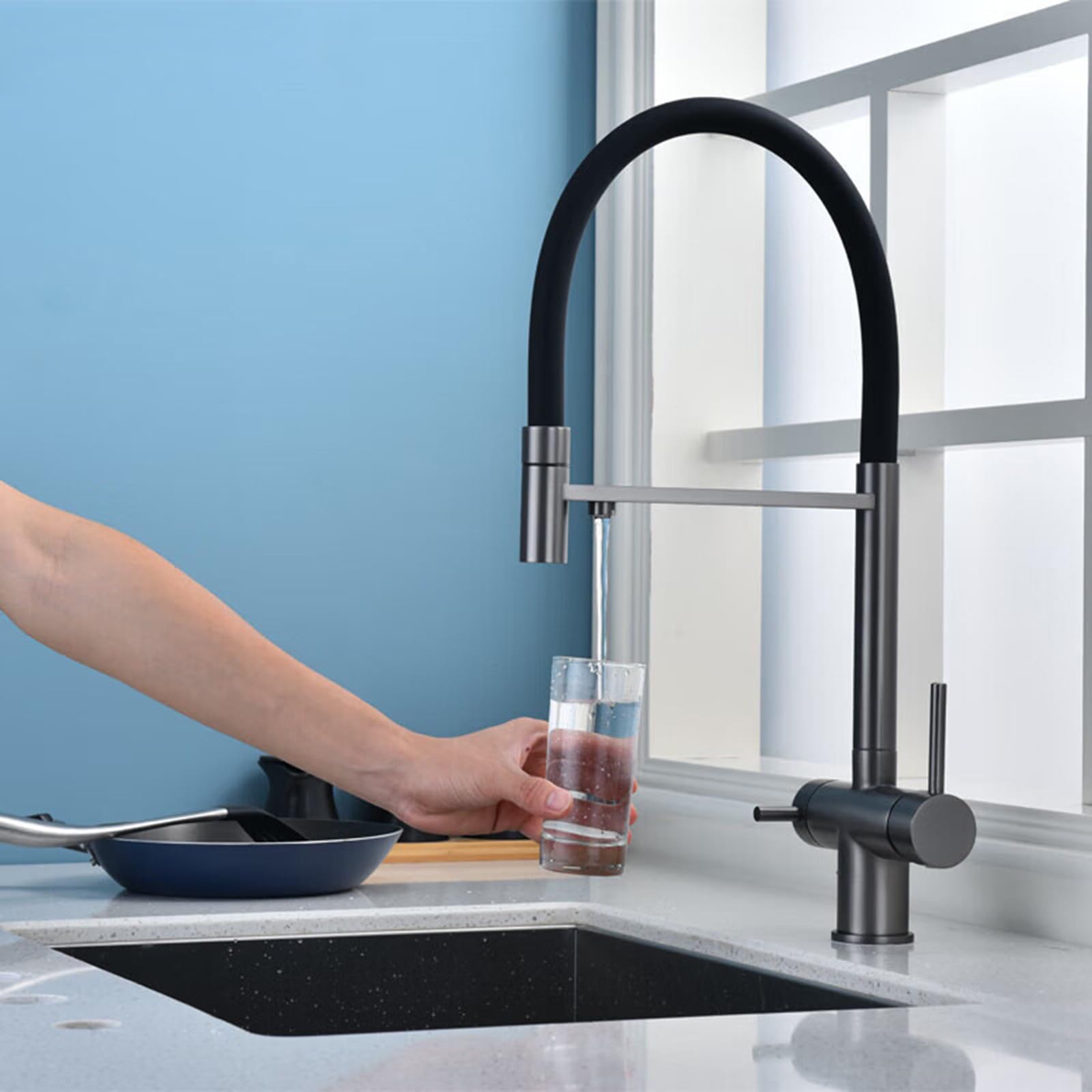 Grifo de Cocina con Ducha Extraíble Grifo de Agua Potable de 3 Vías Sistema de Ósmosis Caño de Agua Doble de Dos Mandos Grifo de Tres Vías Pistola de Cocina Gris