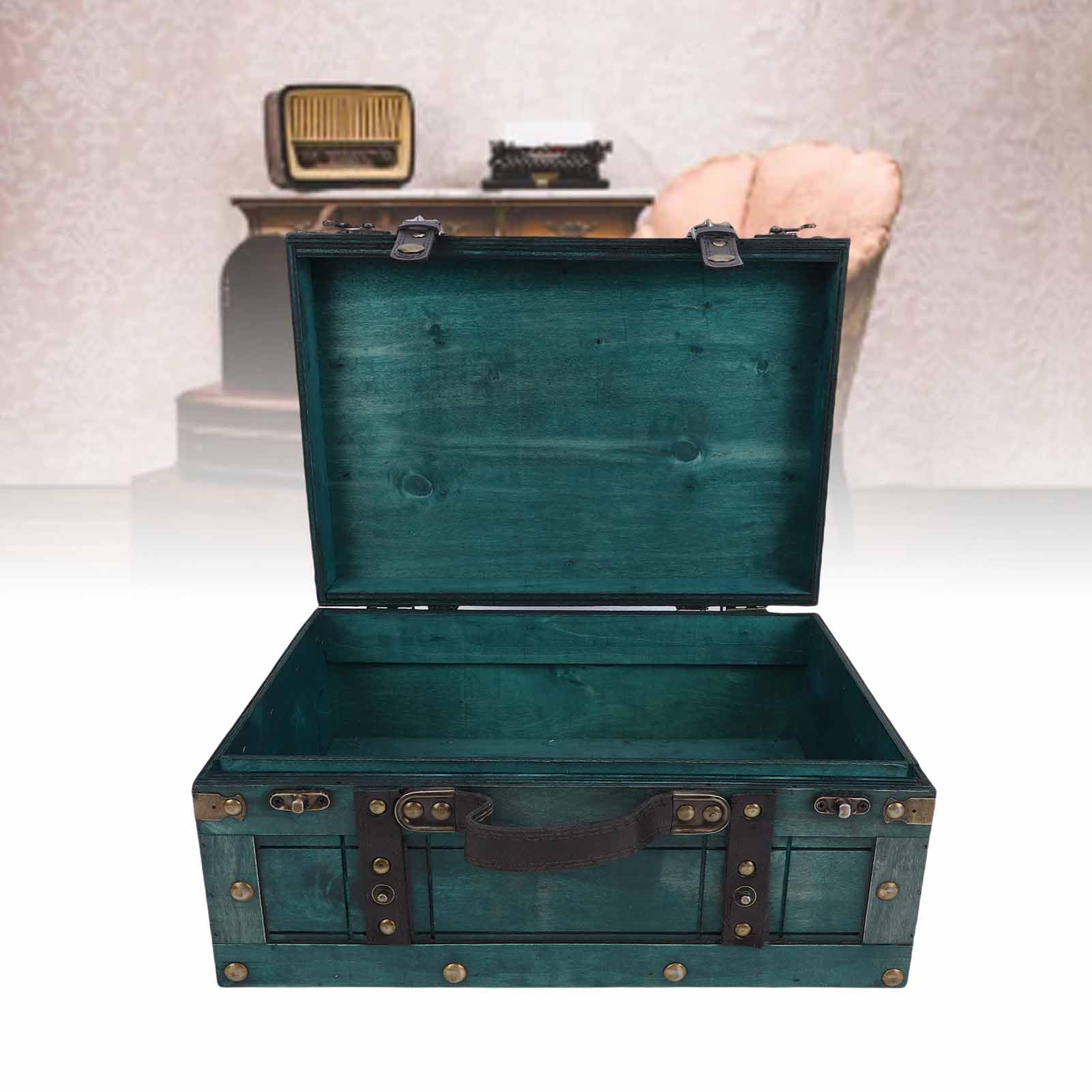 Pssopp Baúl de Cajas de Almacenamiento, Caja de Maleta con Asa de Cuero de PU con Tapa con Bisagras para Colección de Joyas, Accesorios de Fotografía, Equipaje Vintage de Madera, Baúl de Equipaje
