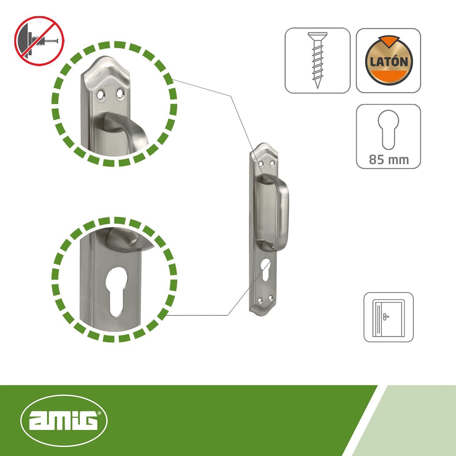 Amig, Handle with Brass Plate for Doors Mod.BETA, 256 x 48 mm, Key: 85 mm, Silver Handle with Matt Chrome Finish - Image 2
