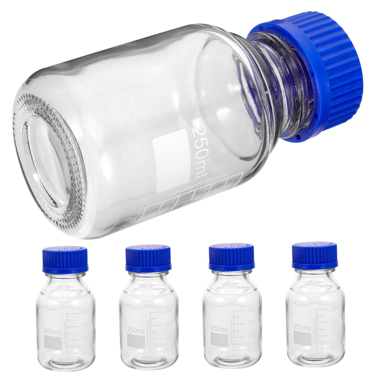 Confezione 4 Pezzi Bottiglie di Reagente Graduata in Vetro Trasparente con Tappo a Vite Blu Capacità 250ml Resistenti a Urti e Usura per Laboratorio e Aula