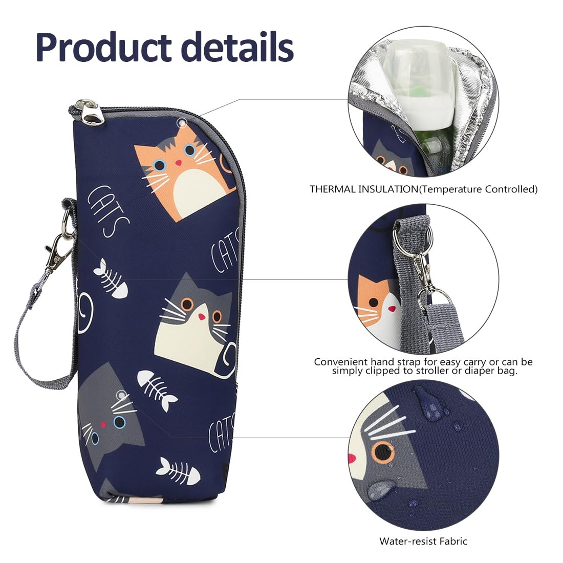 Borsa per bottiglie isolate, borsa da viaggio per bottiglie isolate, isolante portatile universale per bottiglie (blu con motivo a gattini)