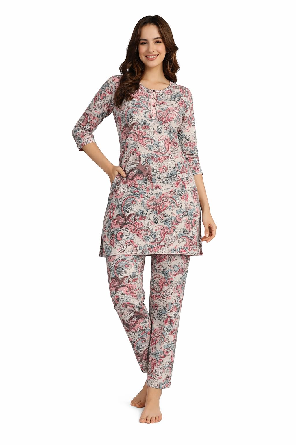 Women's Pure Cotton Printed Long Length Night Suit Set-image-16