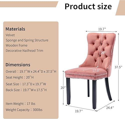 Miniatura 3 de Juego de 4 sillas de comedor modernas, sillas de comedor tapizadas con patas de madera maciza, silla decorativa de terciopelo rosa, sillas de