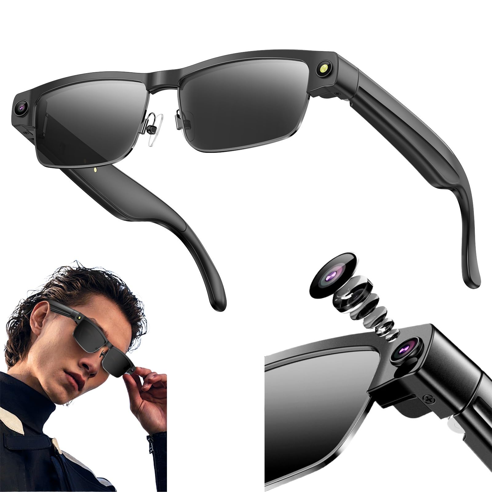 8MP Occhiali Con Fotocamera, AI Occhiali Intelligenti Con Traduzione In Tempo Reale E Riconoscimento Degli Oggetti, Stabilizzazione 1200P, Compatibile Con IOS/Android, Per Viaggi, Affari(Nero)