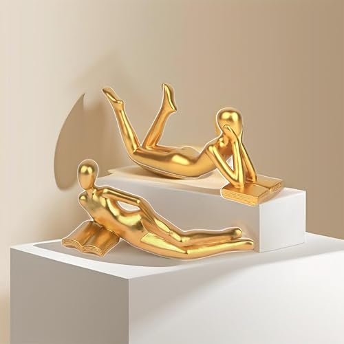 Miniatura 5 de Estatua de pensador, estatua decorativa dorada de pensador, estatua femenina de lectura acostada, decoración del hogar, figura abstracta moderna de