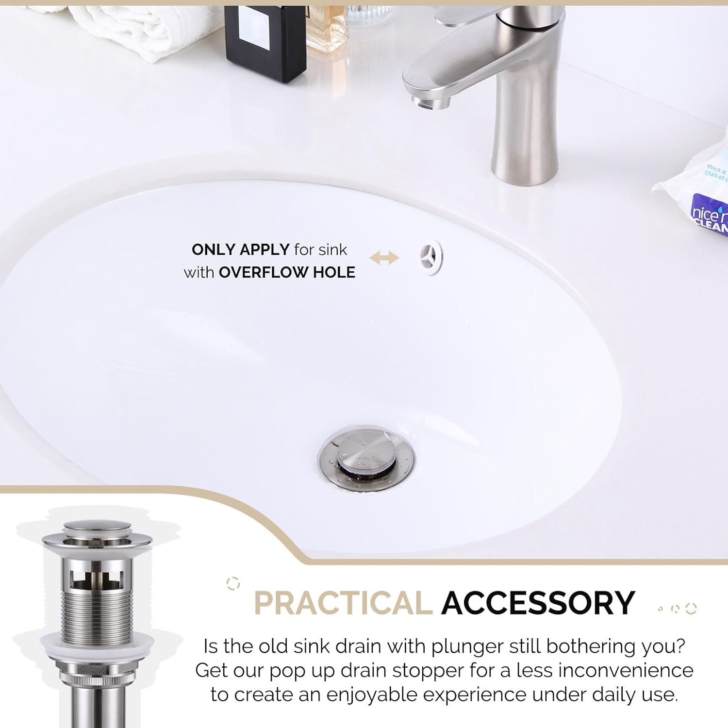 Angle Simple Bathroom Sink Drain with Overflow, Brass Pop Up Sink Drain Stopper Brushed Nickel