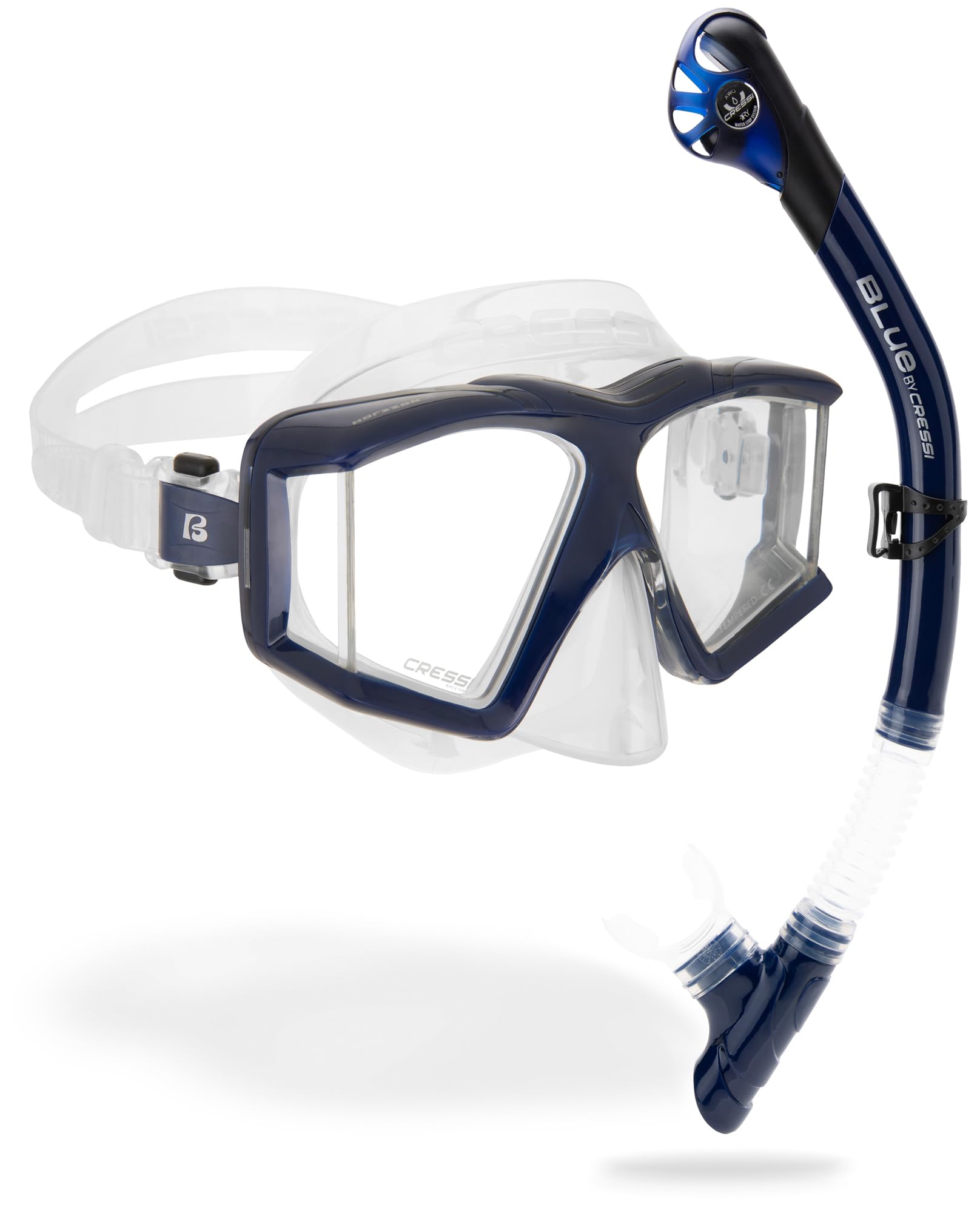 CRESSI Horizion+Scilla Combo Clear/Blue Navy - zestaw combo, maska Horizon, 4 oddzielne okulary hartowane i system zaworów suchych, fajka do nurkowania i snorkelingu, przezroczysta/niebieska granatowa
