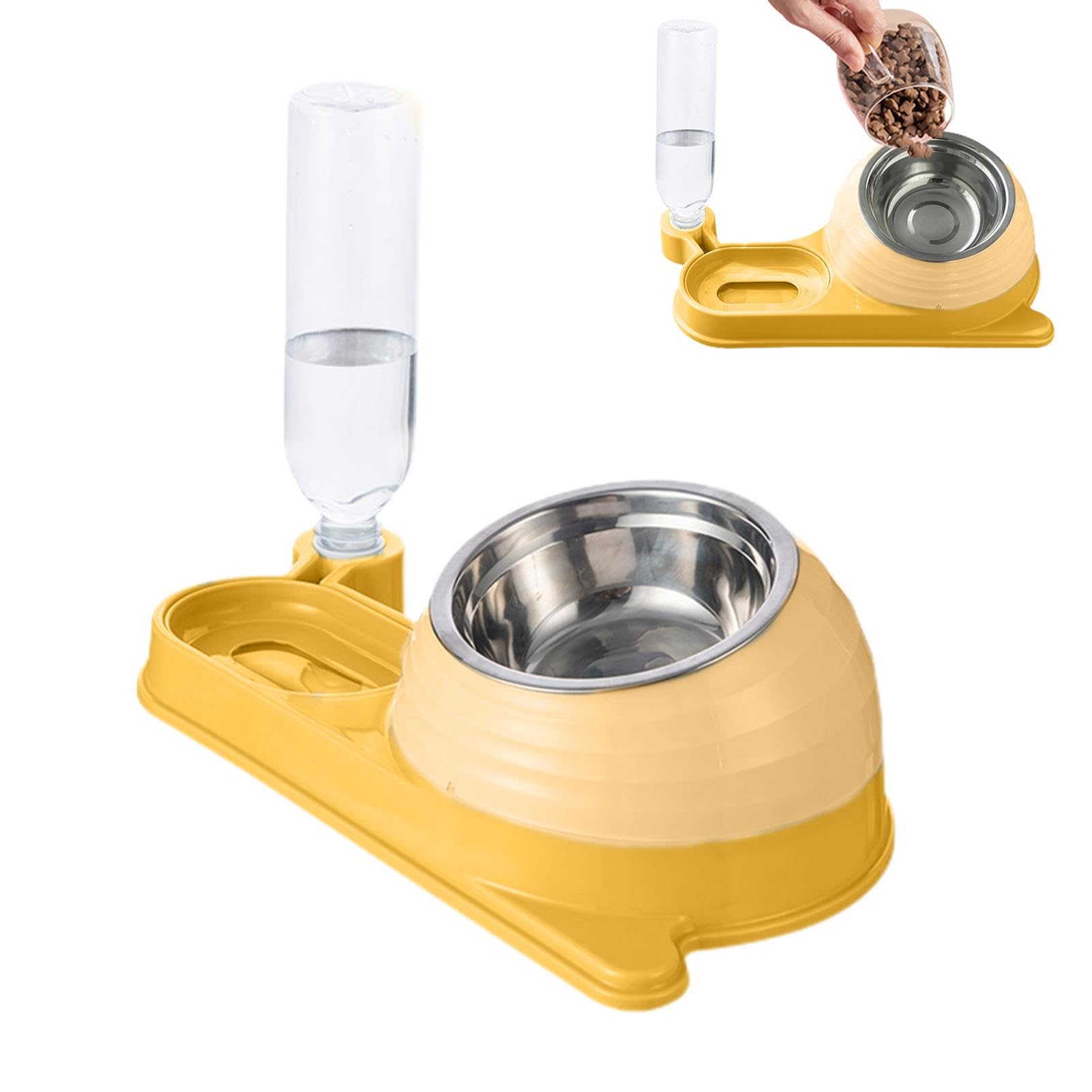 Mangiatoia per animali domestici, Ciotola for gatti con distributore d'acqua - for bottiglia | Set di ciotole for acqua e cibo for animali domestici inclinate stabili(Yellow)