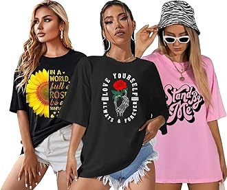 London Hills Women's Cotton Oversized Fit Printed Round Neck Oversized T-Shirt | Loose Fit Drop Shoulder T-Shirt Pack of 3