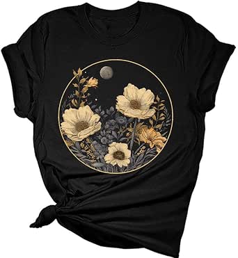 Women's Vintage Wildflower T-Shirt - Minimalist Floral Sunflower Graphic Tee Short Sleeve Top
