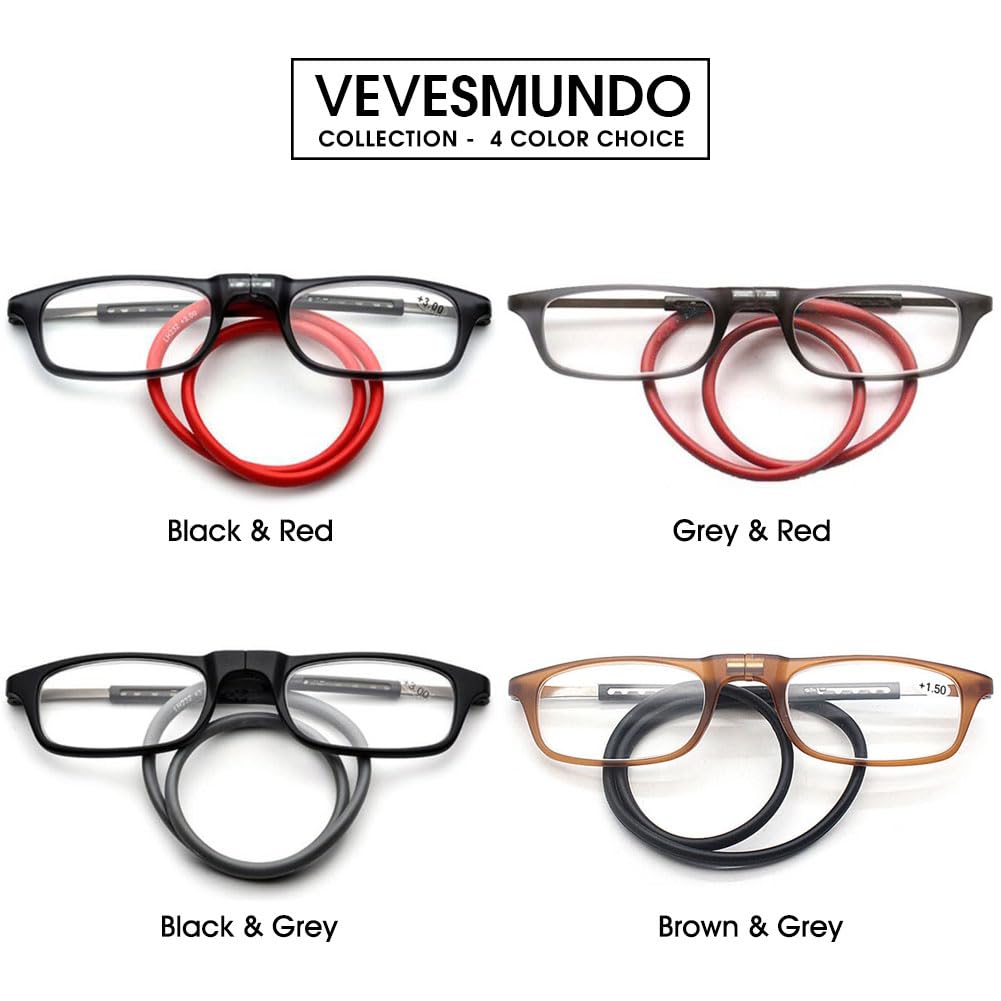 VEVESMUNDO Magnetische Lesebrille um den Hals Klemmen | Leicht, TR90 Flexibel Biegbar Brillenbügel, Magnetverschluss Lesehilfe, Brille mit magnet, für Damen Herren
