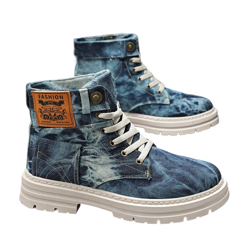 Men's High Top Denim Boots Lace up Chunky Platform Ankle Boots for Men Lug Sole Comfort Casual Retro Sneakers Shoes