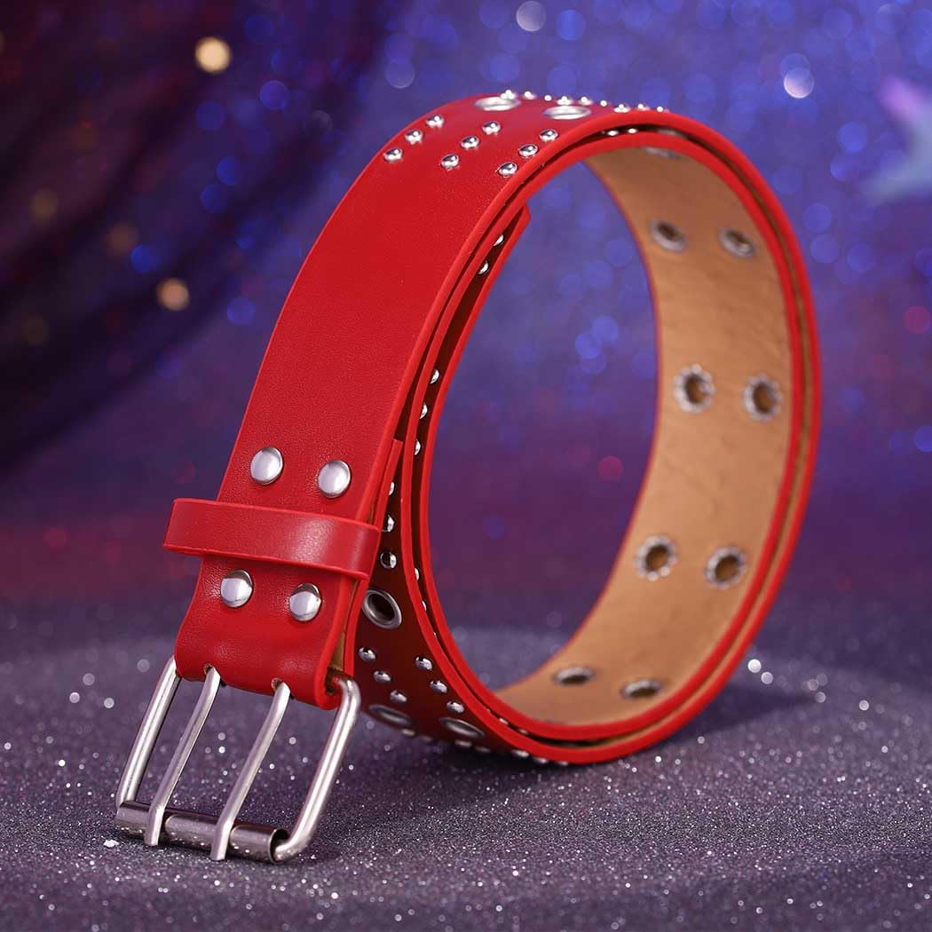 Grommet Leather Belts PU Leather Black Belt for Women Double Holes Belt for Men - Image 7