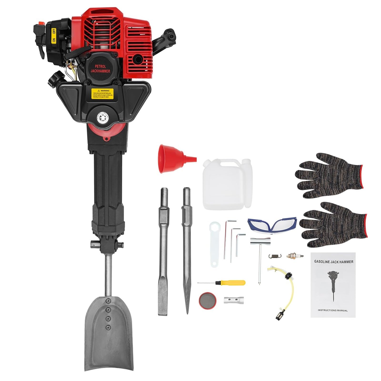 Macchina per scavo albero da 1900 W con motore a benzina, escavatore portatile con motore a benzina, martello demolitore a benzina, albero escavatore con guanti e occhiali protettivi, 6500 r/min