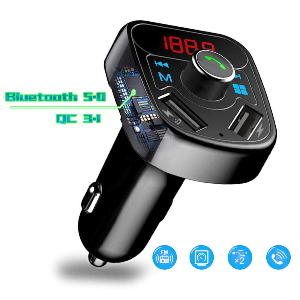 Car Charger Bluetooth5.0, QC3.1 Dual USB Ports X8 with Display, Wireless FM Transmitter Adapter, MP3 Player Hands-Free Call Smartphone Music USB/TF Card Power Cut Memory Support Aux Input Output