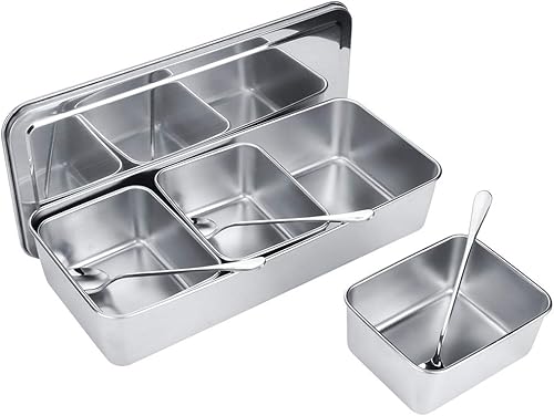 Caja de condimentos, 3 rejillas de acero inoxidable, contenedor de almacenamiento de condimentos para condimentos con cubierta y cuchara para el