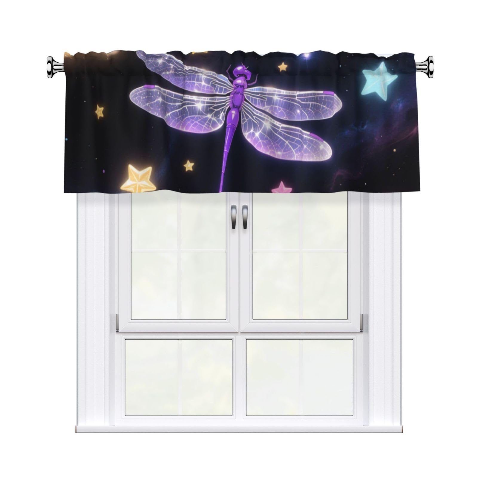 FekiLoot Purple Dragonfly Shiny Stars Curtain Valance for Windows, Kitchen Window Valances Rod Pocket Window Treatments Short Curtains Drapes for Bathroom Bedroom Cafe Decor 54x18inch 1 Panel