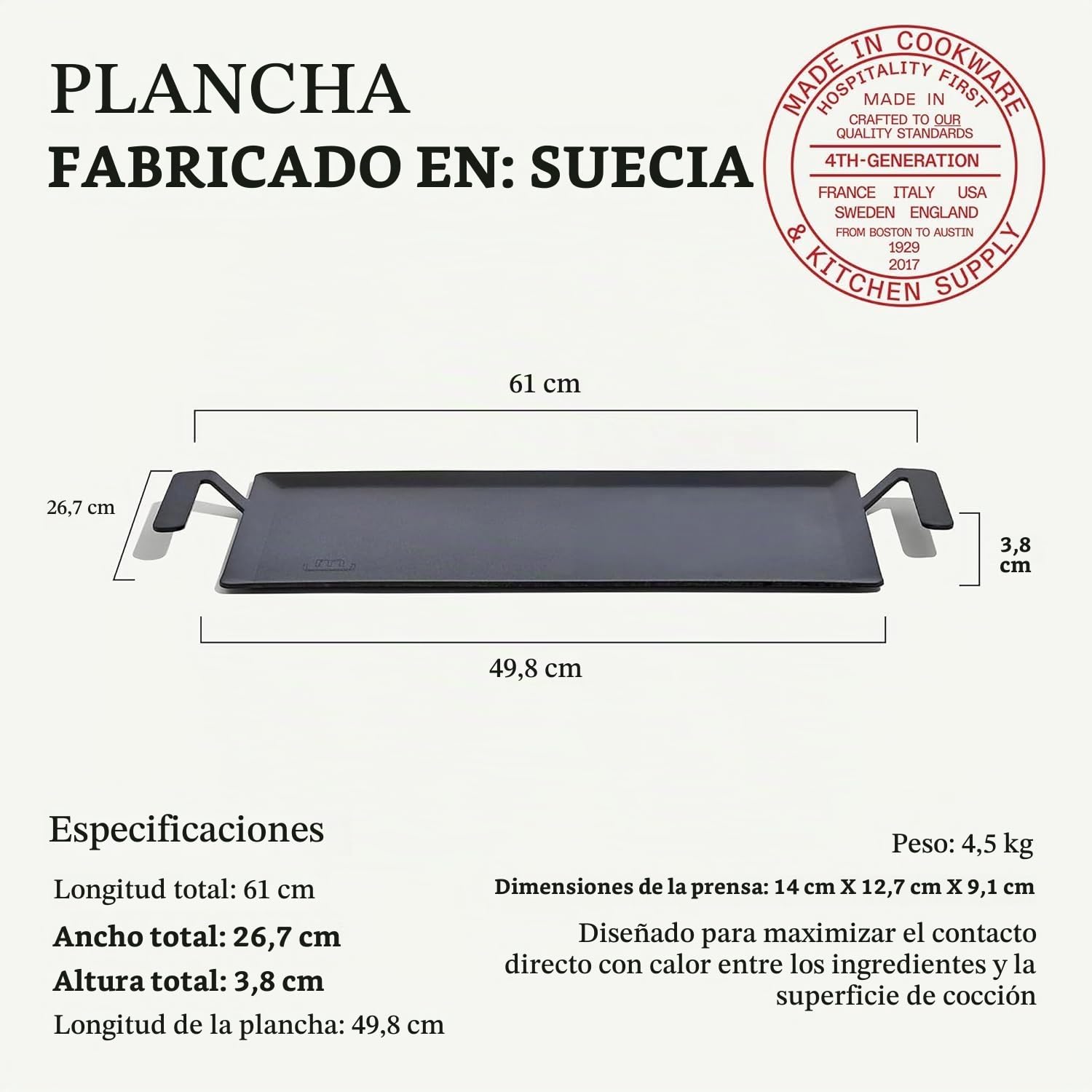 Made In Utensilios de cocina - Plancha de acero al carbono - (Como hierro fundido, pero mejor) - Utensilios de cocina profesionales - Suecia - Compatible con inducción