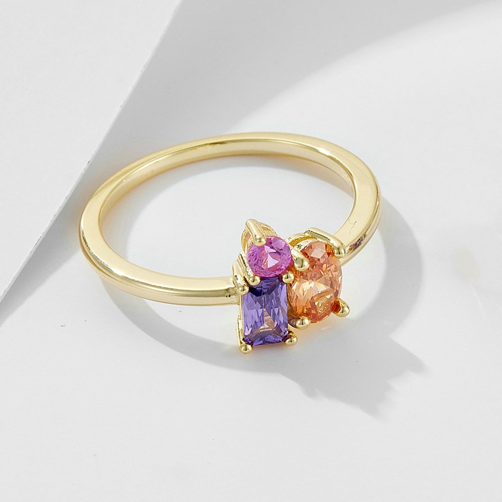 Anillo de 30 aniversario para mujer, zafiro sintético y amatista, 3 piedras, anillos de oro amarillo de 18 quilates para mujer, oro amarillo de 9 quilates, 14 y 18 quilates, talla H 1/2-V 1/2