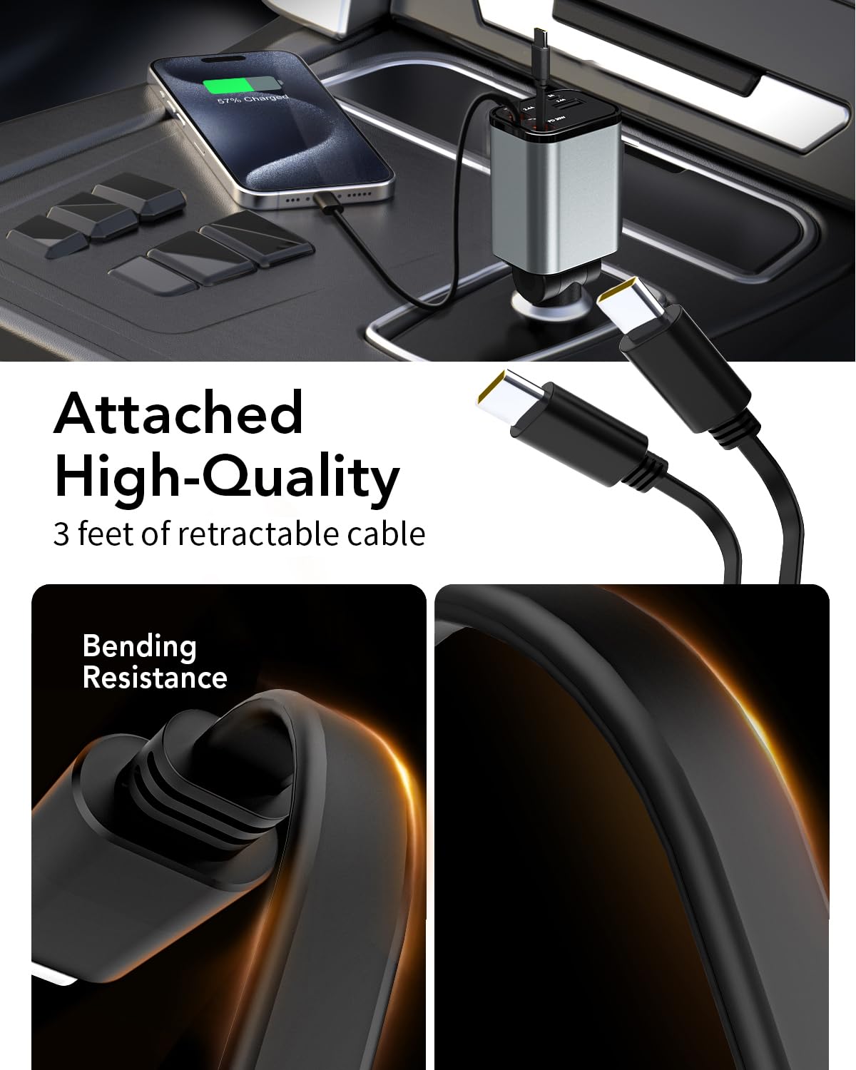 Aimtel Einziehbares Auto-Ladegerät, USB-Kfz-Ladekabel (2,6 Ft) und 2 USB-Anschlüsse, Auto-Ladegerät, kompatibel mit iPhone 17/17Air/Galaxy/Google/Huawei/Tablet