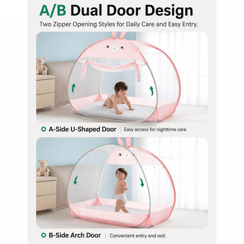 Liemuao Moustiquaire Pop Up pour Lit bébé, 120x65x100 cm, Installation Facile Tente de Lit Dôme avec Double Porte Fermeture éclair, Portable et Pliable pour Camping et Chambre (Lapin)