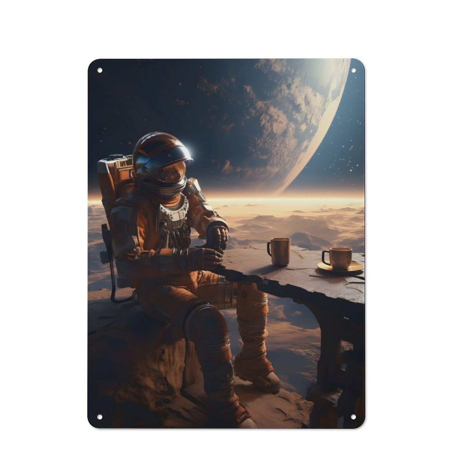 Junmoney Coffee Drinking Spaceman Retro Metal Wall Sign 40X30cm With For Living Room Wall, Housewarming Wall Decor For People Furnishing Living Room