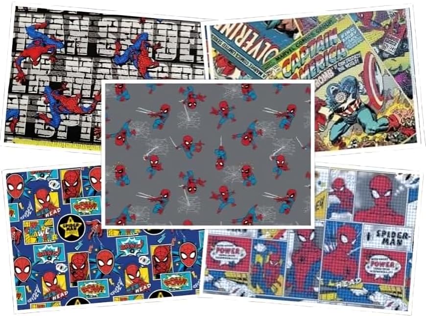 Marvel Spiderman   Paquete de 5 cuartos de algodón de 45 x 55 cm, tela 100% algodón (ideal para manualidades, acolchado, banderines, costura, patchwork)